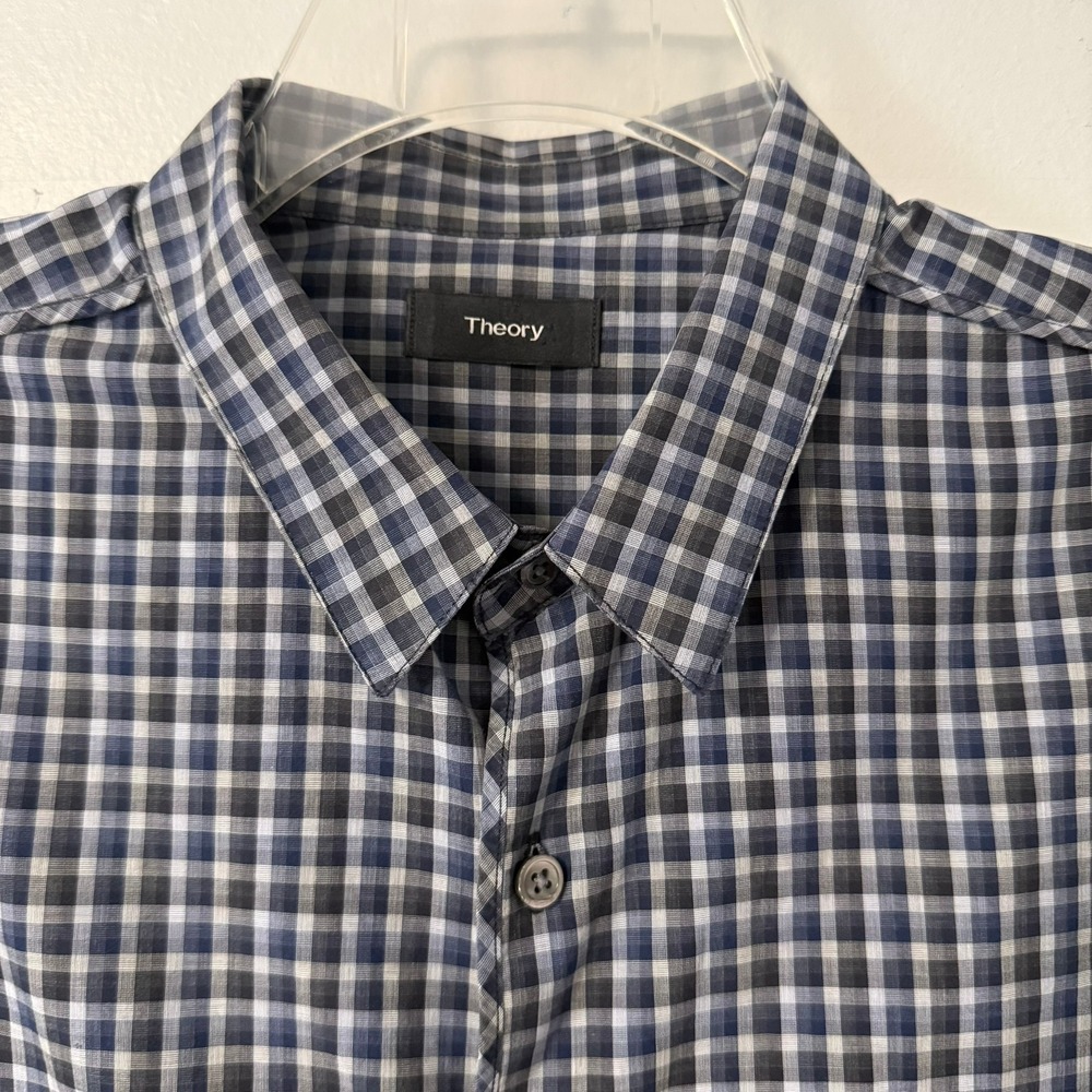 Theory Benner Trimont Men's XL Gingham Button Down Shirt Blue Grey Cotton Plaid - Picture 3 of 16